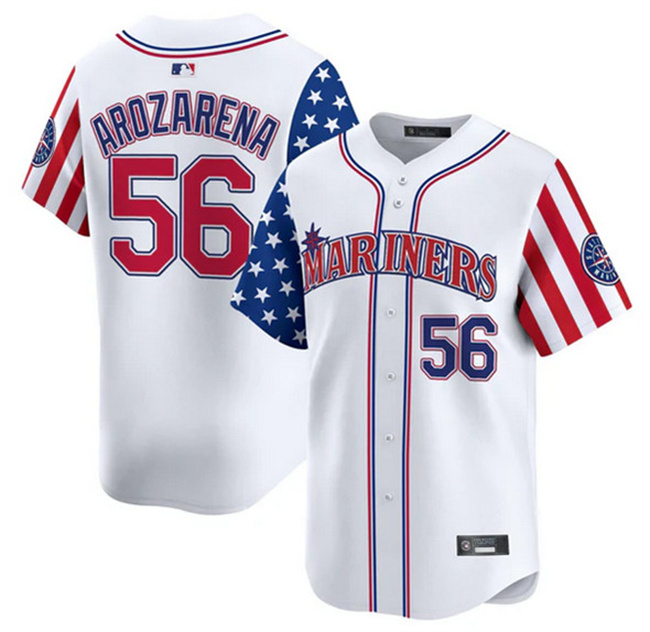 Men's Seattle Mariners #56 Randy Arozarena White 2025 Independence Day Limited Stitched jersey Men's Seattle Mariners #56 Randy Arozarena White 2025 Independence Day Limited Stitched jersey